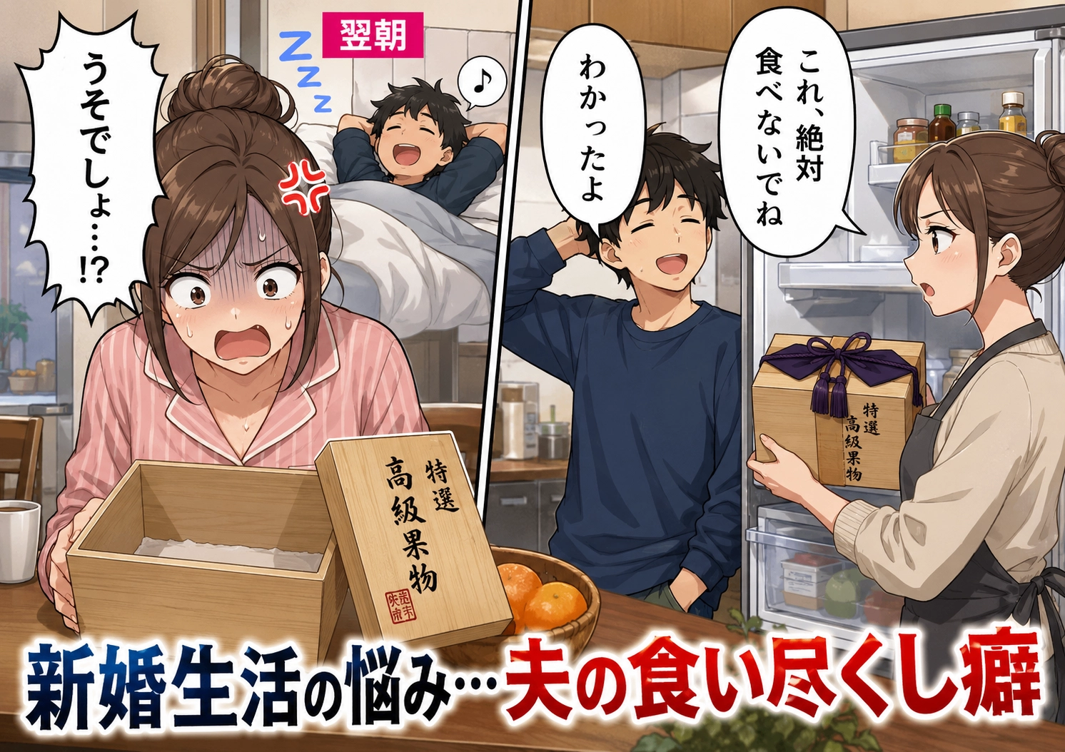 「絶対食べないで！」夫の食い尽くし癖に悩まされ続けた妻。お客様用の大切なフルーツが消えたその瞬間、妻が決意したある作戦とは！？のメイン画像