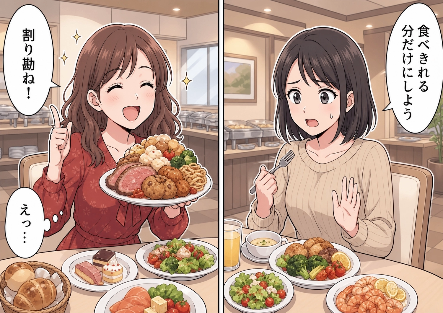 「割り勘ね!ふたりが止めてくれなかったんだから」ビュッフェで料理を山盛り取っては食べ残す友達!追加料金を請求されると私たちに押し付けようとしてきたので、反論すると・・・のメイン画像