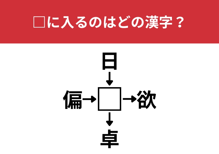 【漢字クロスワードクイズ】偏⬜︎、日⬜︎、⬜︎欲、⬜︎卓に当てはまる漢字は?