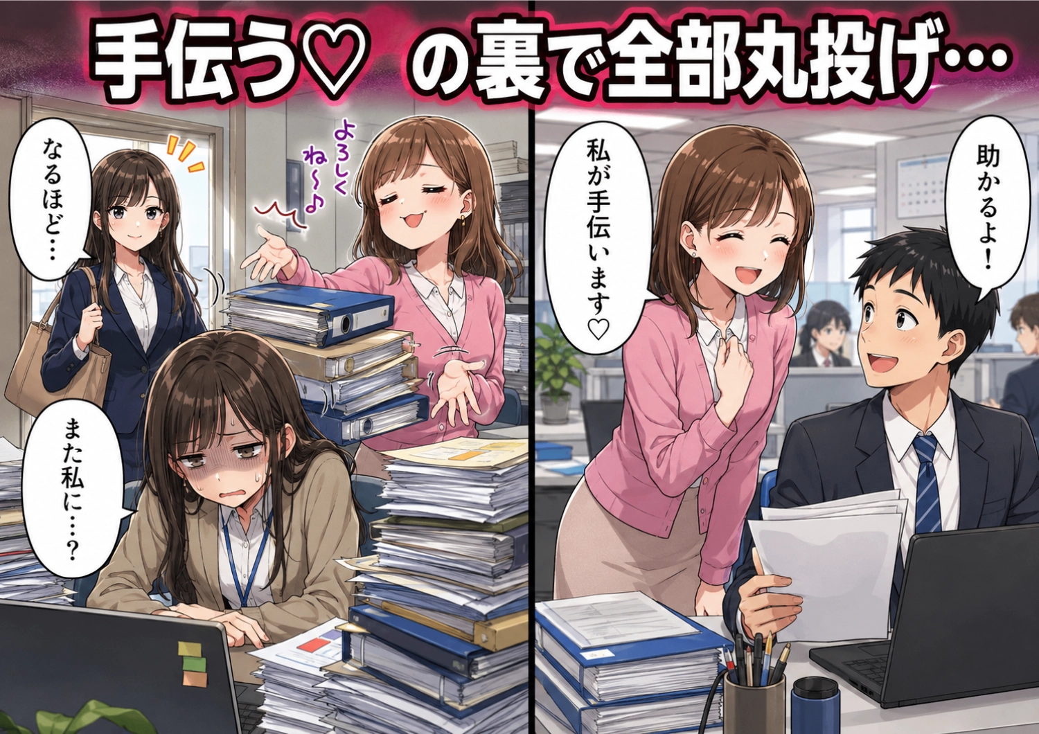 「私が手伝ってあげる♡」男性社員にいい顔をしたい先輩が、仕事を勝手に引き受けて私に丸投げ！限界寸前の私を救った〝まさかの人物〟の登場！？のメイン画像