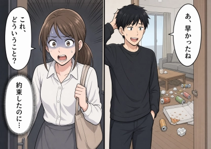 「俺はわからないからお前がやったほうが早い」家事を全部私に押しつける夫！留守中は友だちを呼ばない約束だったのに、実家から帰るとリビングは空き缶とゴミの山→ソファで寝ていたのは・・・