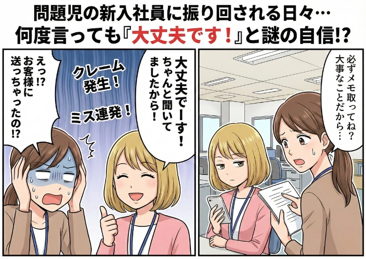 「あ、送っちゃダメでしたっけ？」指示を聞かずにミスを連発するモンスター新入社員！メモすら取らない彼女はがある日、無断欠勤！？かかってきた電話に出ると声の主は・・・のメイン画像