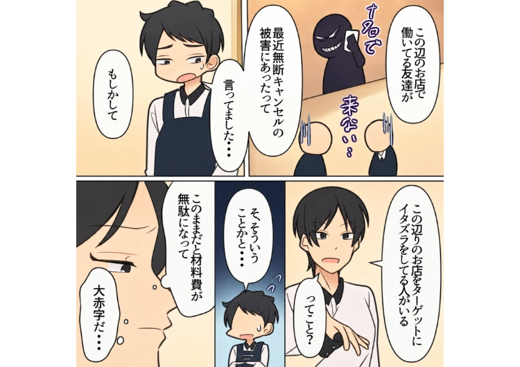 「コース料理を15人で予約お願いします」団体客で予約してドタキャンするイタズラが頻発！料理の仕込みもした後だったので、食材が無駄に→悪質な迷惑客を撃退するために・・・のメイン画像