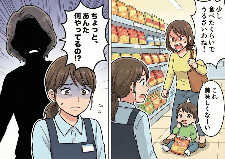 「これ美味しくない！」会計前のお菓子を店内で食べ始めた子供！注意すると「子供のしたことだから」と母親は逆ギレ。店内で大暴れするクレーマー親子を成敗したのは通りがかったまさかの人物！？のメイン画像