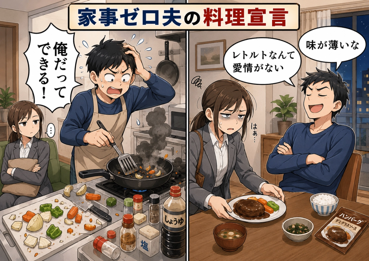 「なら自分で作れば?」共働きでも家事ゼロのモラハラ夫に、遂に家事放棄を決意した私。彼の自信満々の言動でキッチンに立つが悲鳴が!?のメイン画像