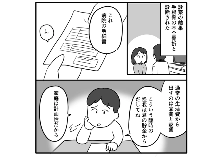 「計画が崩れるから病院代は自分の貯金で払え」私が怪我をして手が使えなくても家事を一切手伝わない夫！心配の言葉も思いやりもなし→夫が体調を崩したときに同じことをしたら・・・のメイン画像