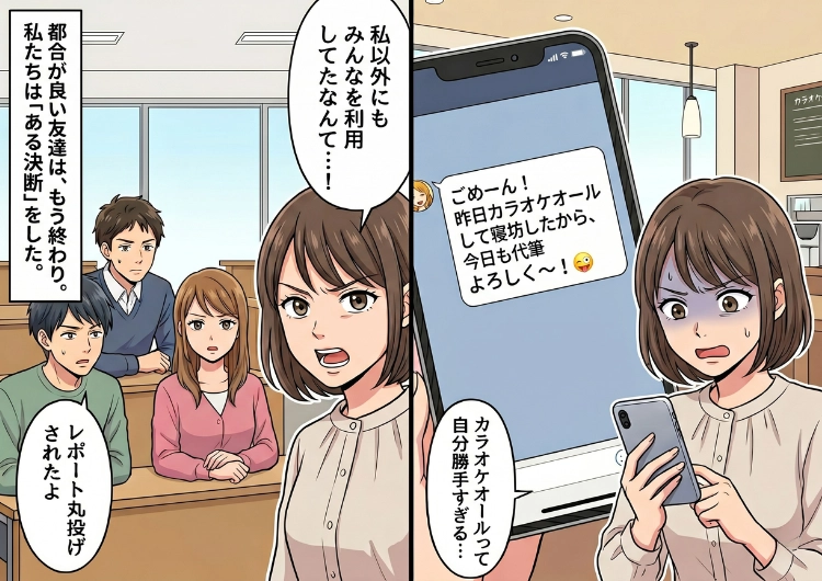 「カラオケで寝坊したから代筆よろしく〜！」大学の課題をすべて丸投げしてくる自己中な友人。都合よく使われ続けた同級生たちがついにブチギレて・・・！？のメイン画像