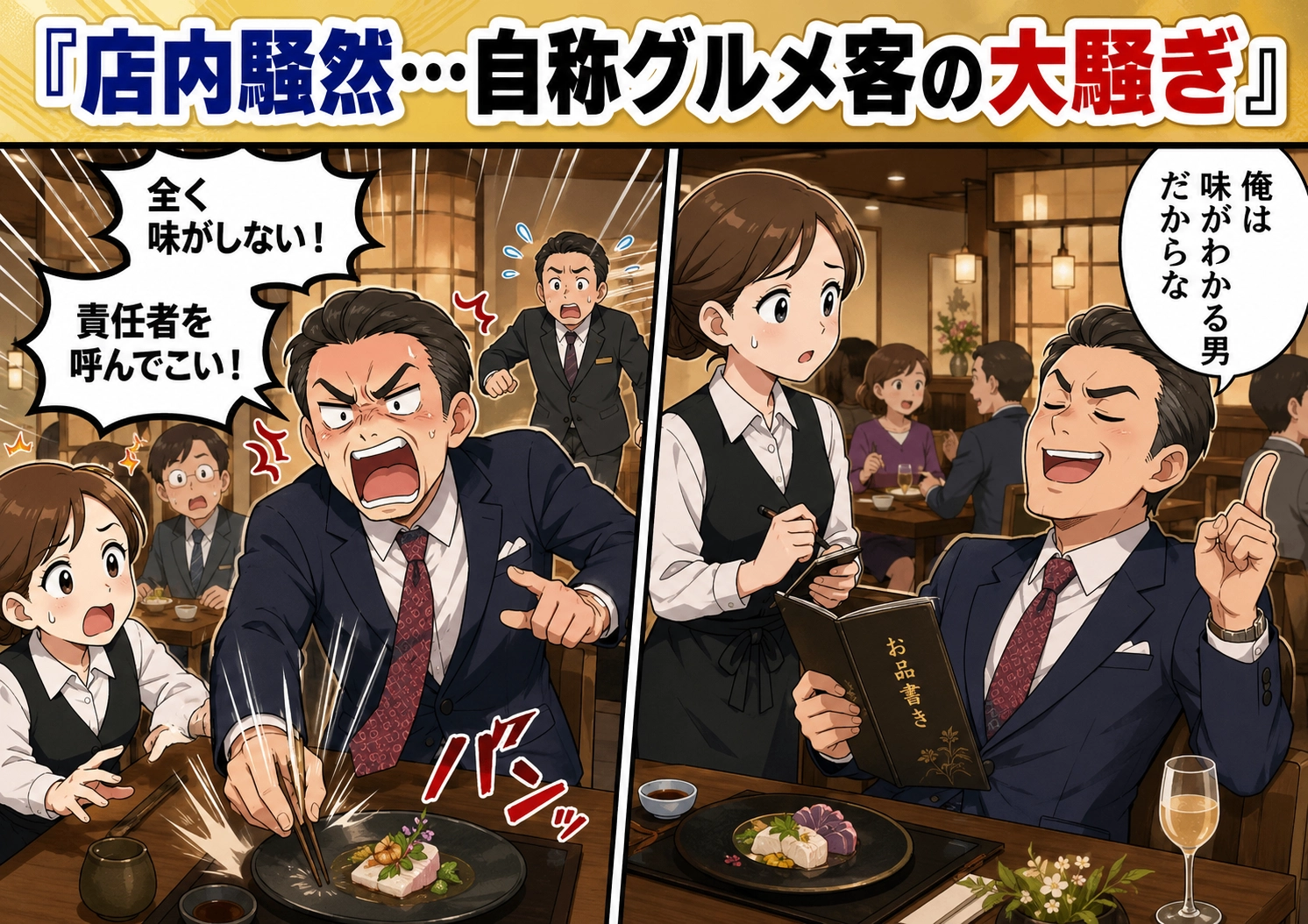 「俺の舌は正確だ！味が全くしないぞ！」自称グルメのクレーマー客が店内で大暴れ。店長を呼び出し説教を始めた直後、まさかの展開に！？のメイン画像