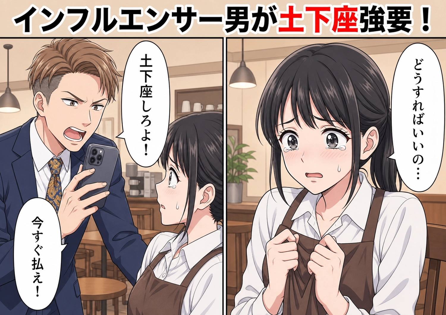 「俺はインフルエンサーだぞ!土下座しろ!」自分の肘でスープを倒したのにスーツ代を払えと怒鳴る男性客!動画を拡散すると脅してきたところに、常連の男性が現れて・・・のメイン画像