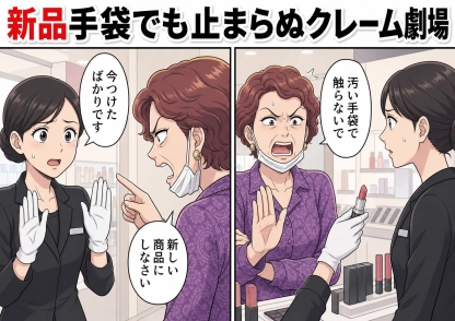 「そんな汚い手袋で触らないで！新しい商品に替えなさい」新品の手袋をつけた美容部員にかみつくクレーマー客！自分は大声で唾を飛ばしながら「この店は不潔」と騒ぎ、売り場中の注目が集まって・・・