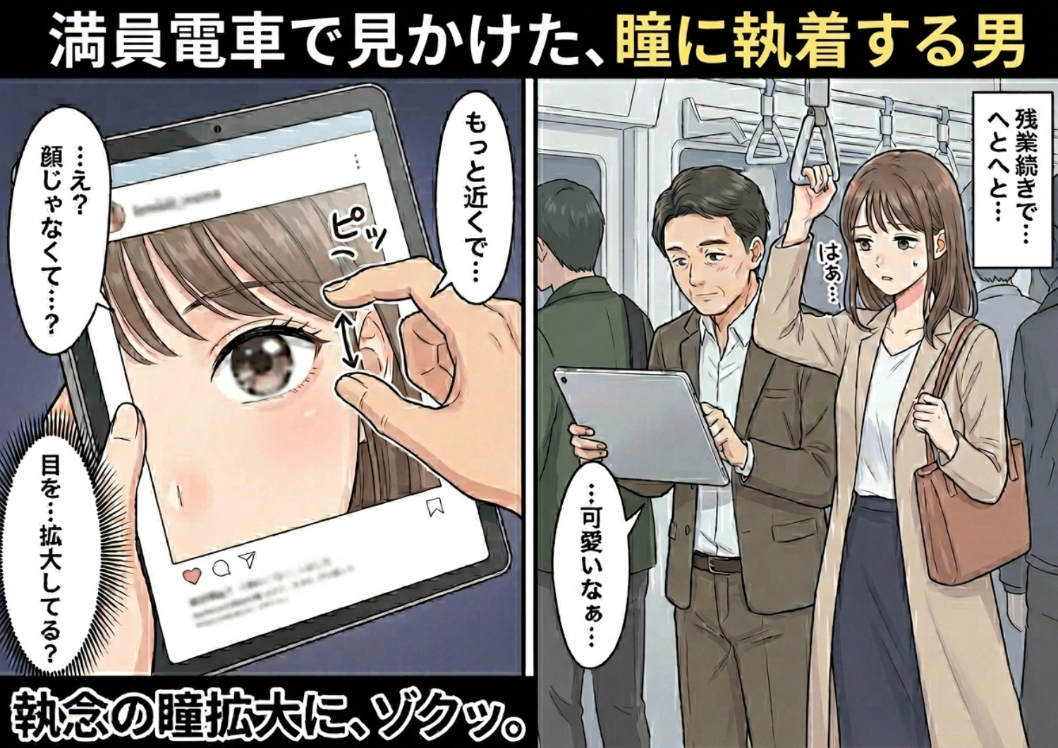 満員電車で隣に立ったおじさん。タブレットでSNSの画像を異常なまでに拡大・・・何気ない日常に潜む恐怖の体験談のメイン画像