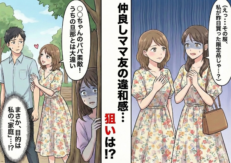 「旦那さん素敵ね♡」仲良しママ友に持ち物も服も完コピされた！？違和感を感じていると夫にあるメッセージが。彼女の目的も明らかに？のメイン画像