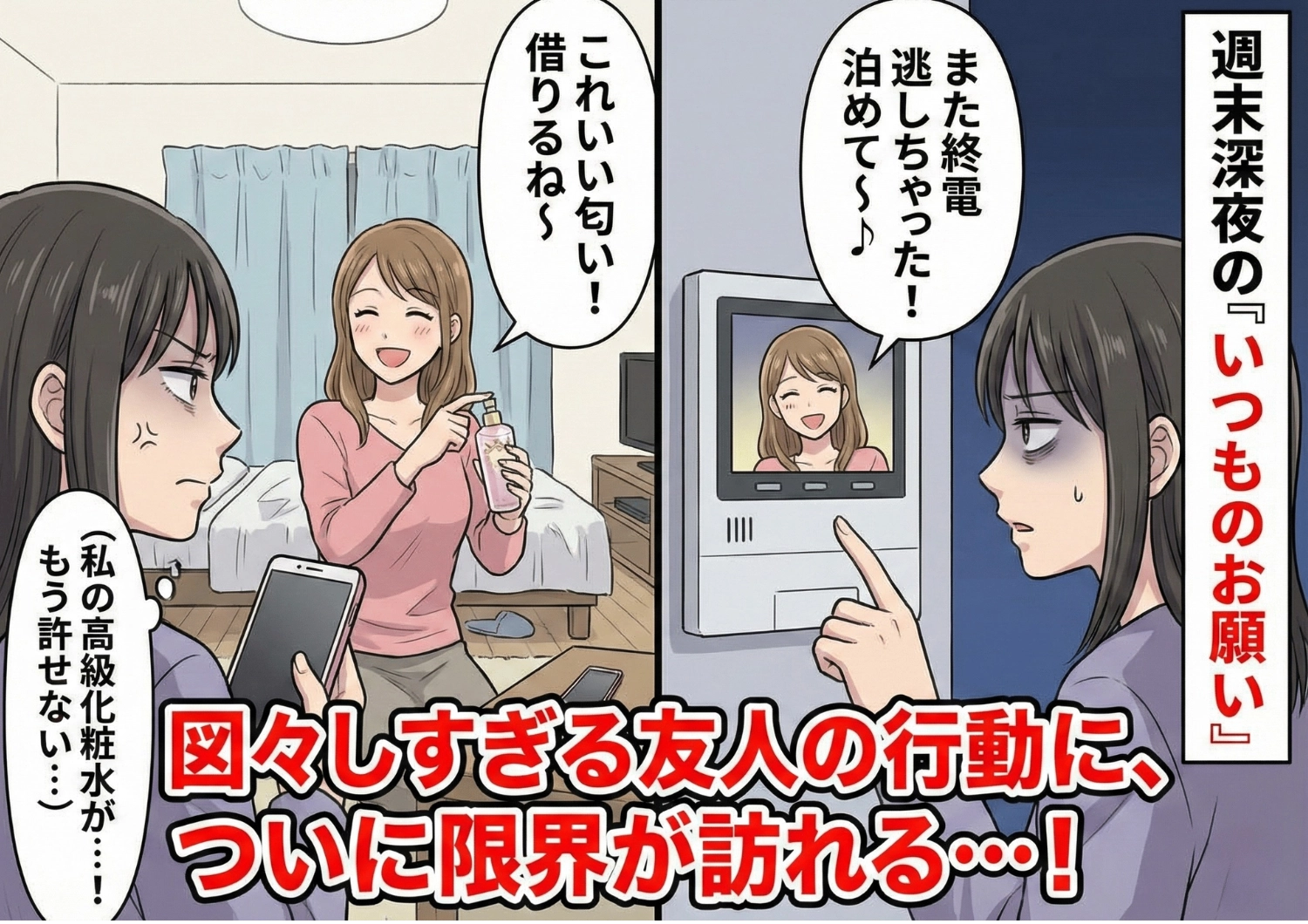 「終電逃しちゃった、泊めて！」毎週末深夜2時に訪れる、私の部屋をホテル代わりにする友人。友達に相談すると毎週家に来ていた理由が明らかになって・・・のメイン画像