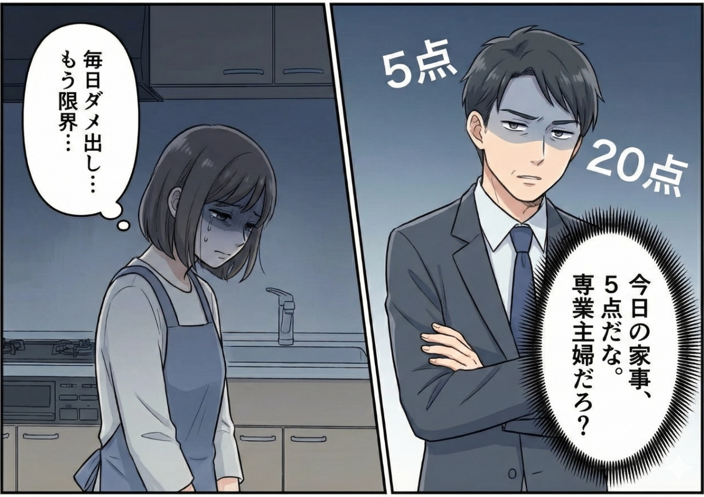 「洗濯20点、味付け5点」専業主婦の私の家事を毎日採点するモラハラ夫!我慢の限界を迎えた妻が仕掛けた、夫への予想外すぎる反撃方法とは?のメイン画像