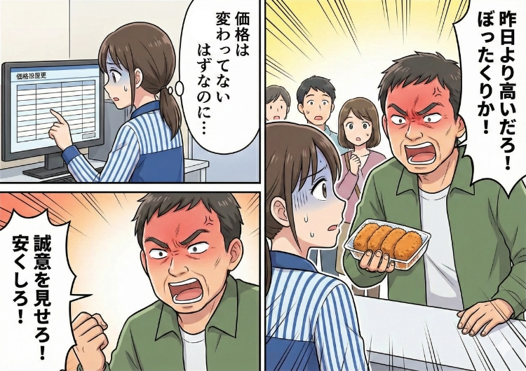 「昨日はもっと安かった！」一度も価格を変えていない商品に「ぼったくり！」と激怒する迷惑クレーマー！店長の機転を利かせたある一言でクレーマーは赤面！？一発逆転して退散させた話のメイン画像