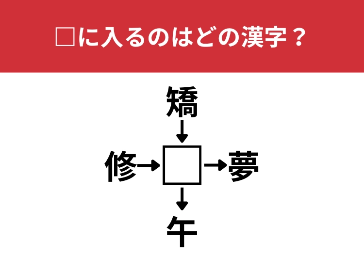 【漢字クロスワードクイズ】修□、矯□、□夢、□午に当てはまる漢字は？小学一年生で習う漢字でも難問かも！？のメイン画像
