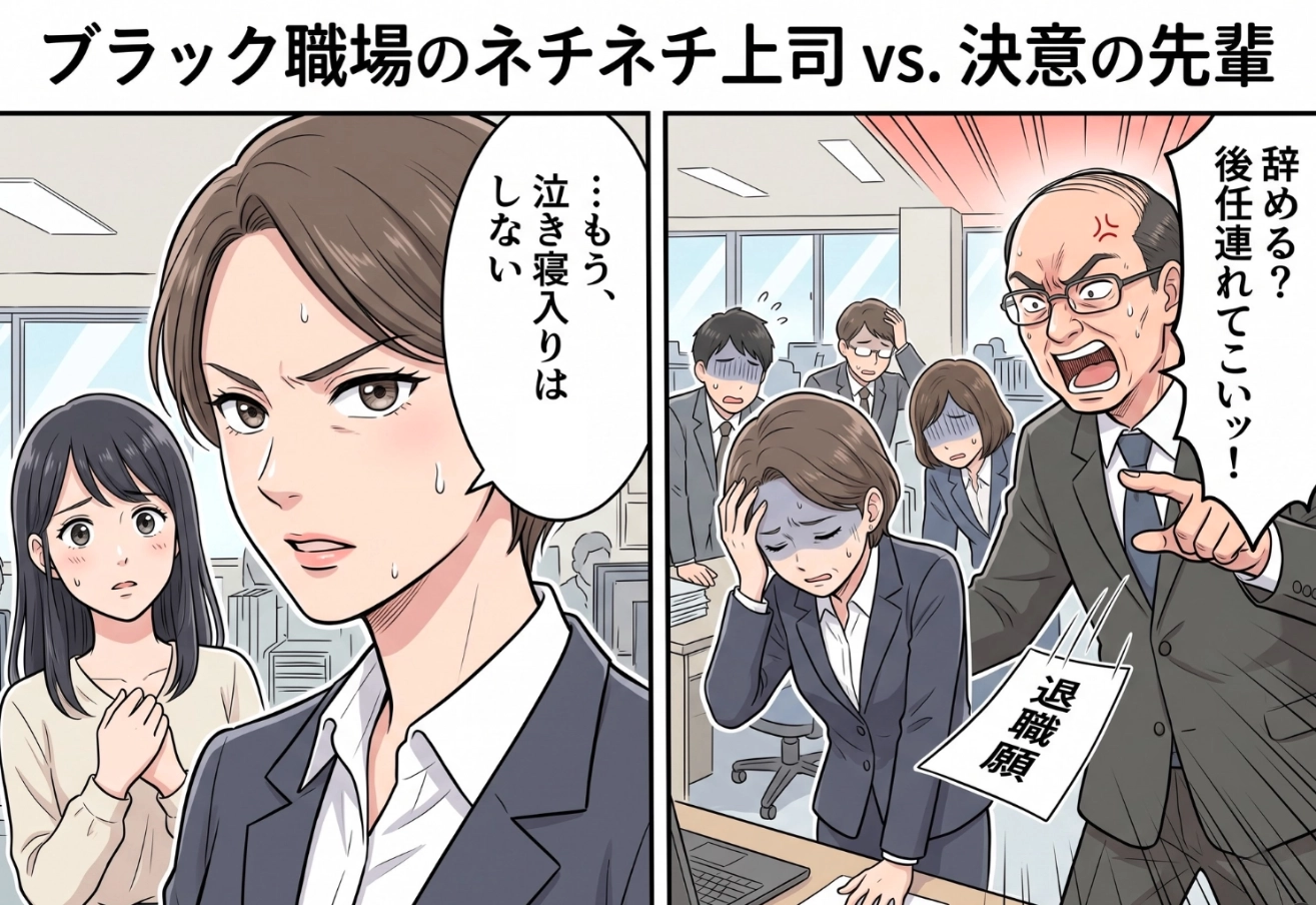 「後任を連れてこないと辞めさせない」退職を阻むパワハラ上司に狙われた先輩。絶体絶命のピンチから一転、彼女が仕掛けていた痛快すぎる反撃のシナリオとは・・・！？のメイン画像