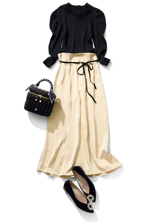 モノトーンのニットとスカートのコーデ