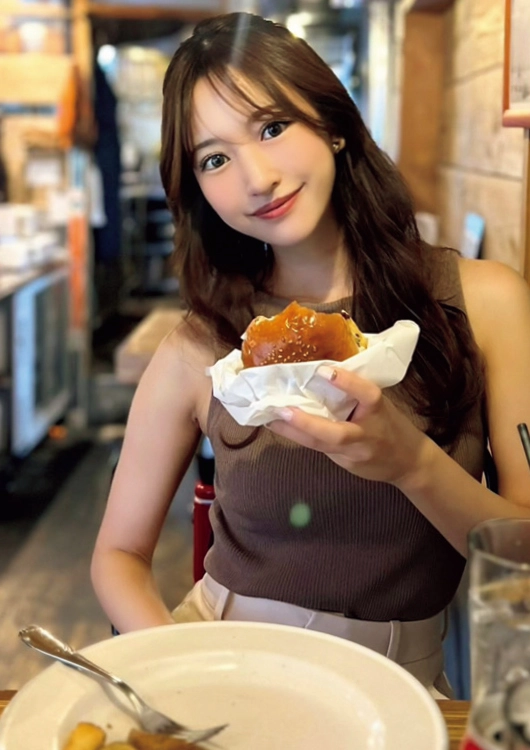 ハンバーガーを食べている伊藤渚さん