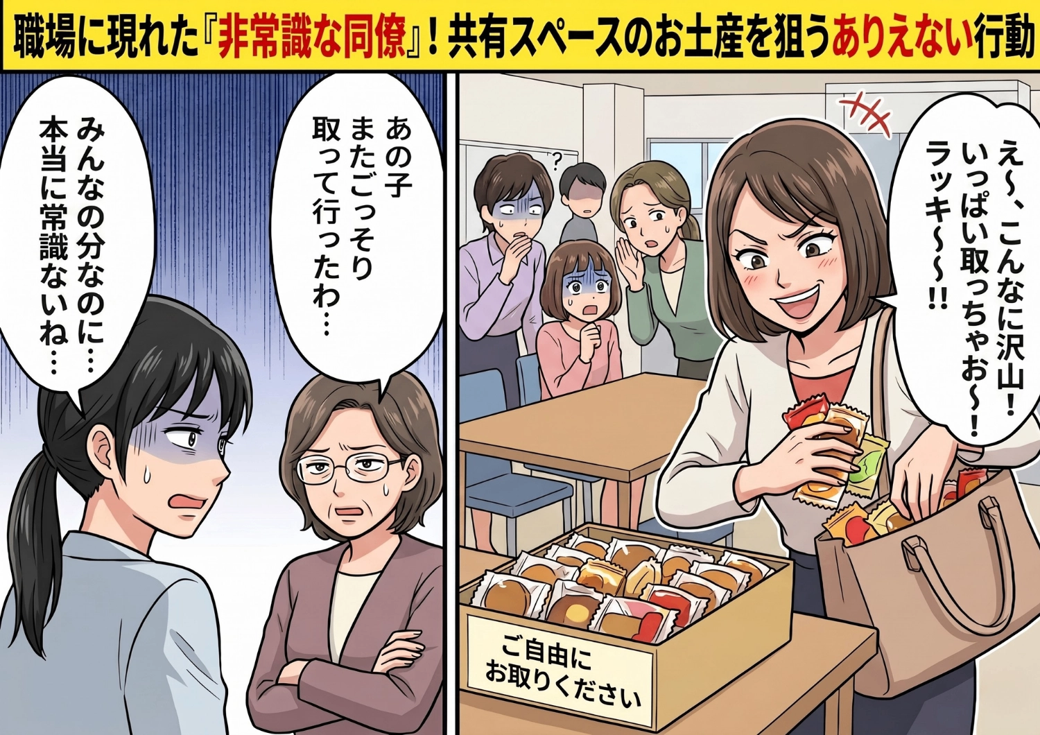 「ご自由に」を勘違い？職場のお土産を人数も考えずごっそり奪う同僚の謎すぎる行動と、週末に起きた驚きの自業自得な結末とは！？のメイン画像