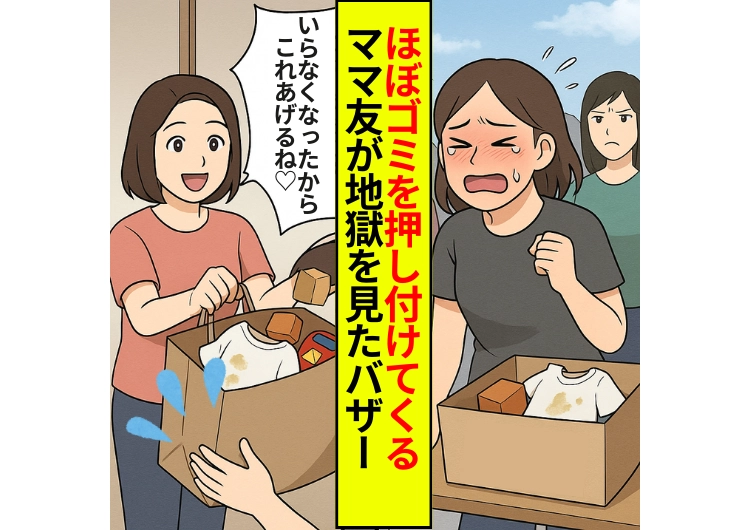 「いらないからあげる♡」シミだらけのベビー服などゴミ同然のものを押し付けてくるママ友→園のバザーにも出品して地獄を見ることに・・・のメイン画像