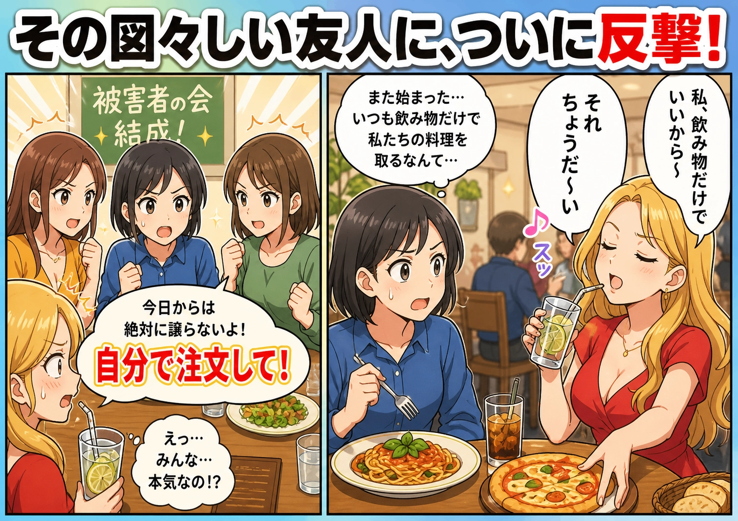 図々しい友人に鉄槌!飲み物だけで食べ物を要求する彼女の反省劇のメイン画像