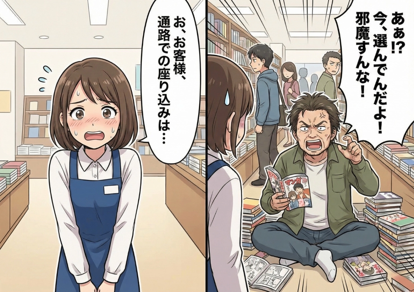 「この本を買うかどうかじっくり考えてんだよ！」床に座り込んで本を読み漁る迷惑客。まさかの対応で反撃→顔を真っ赤にして退散させた話のメイン画像