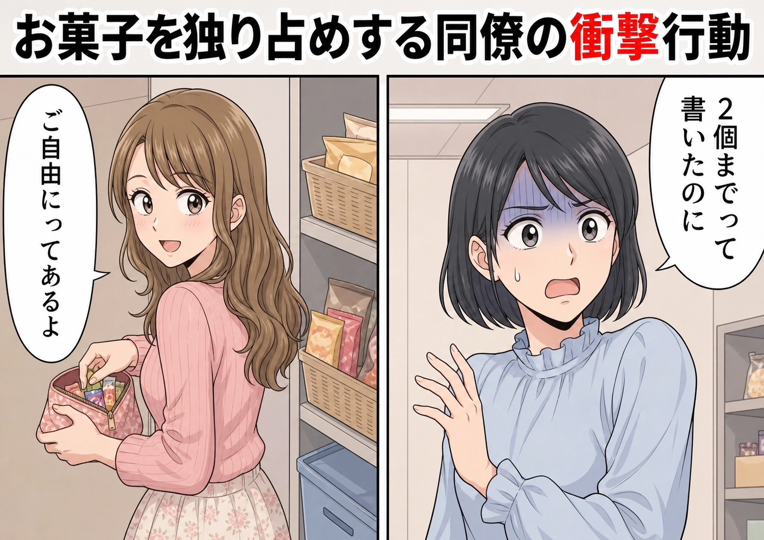 「ご自由にって書いてあるからいいの！」職場のお土産を誰より先に根こそぎ持ち帰る同僚！「ひとり2個まで」と書いた私のお菓子もポーチへ→ついに部長が用意した来客用の和菓子にも手を伸ばし・・・のメイン画像