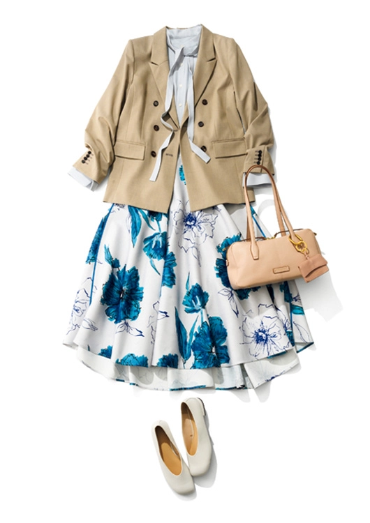 毎日コーデ　花柄スカート×ジャケット