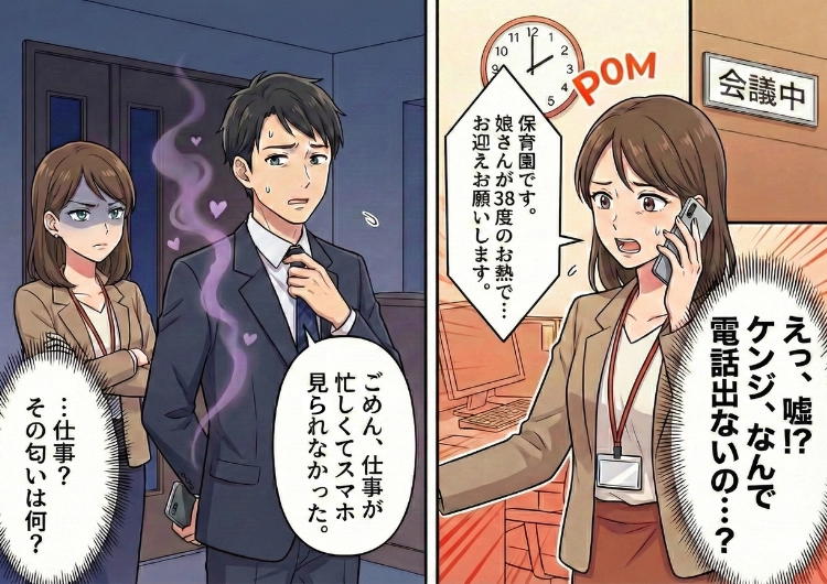 「今日は妻がうるさいから帰りたくない」重要な会議の前に保育園から連絡!?夫に連絡しても出なかったので、やむを得ず早退。なんとその日は密会を楽しんでいたことがわかり・・・のメイン画像