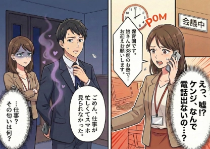 「今日は妻がうるさいから帰りたくない」重要な会議の前に保育園から連絡！？夫に連絡しても出なかったので、やむを得ず早退。なんとその日は密会を楽しんでいたことがわかり・・・