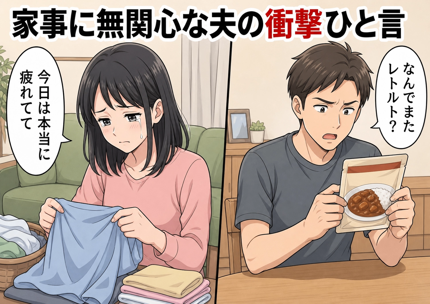 「なんでまたレトルト?」自分では何もせず家事に文句ばかりの夫!限界の妻が強制的に家事をやらせて現実を突きつけた結果・・・のメイン画像