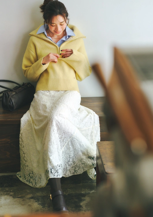 シャツ×ジップニットをレイヤードしたコーデ シャツ×ジップニットをレイヤードしたコーデ