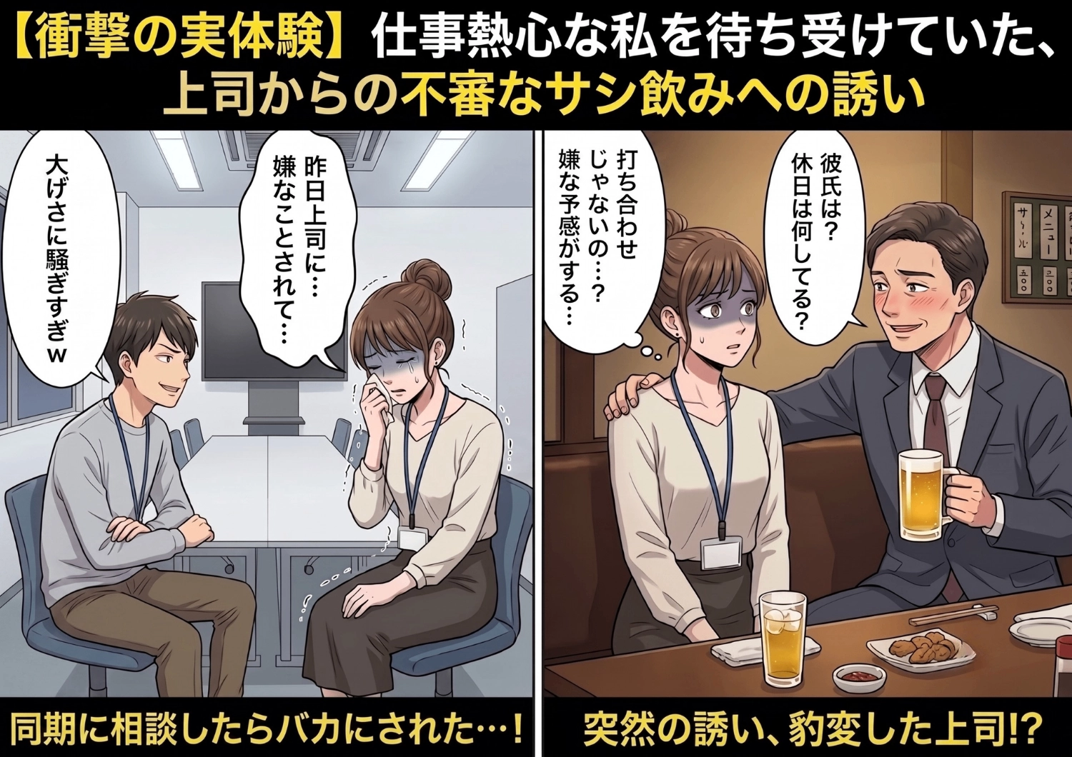 「大したことないのに騒ぐなよw」上司からのセクハラ被害を相談したのに、味方のはずの同期からまさかの心無い一言。職場で孤立無援となった私の運命はいかに！？のメイン画像