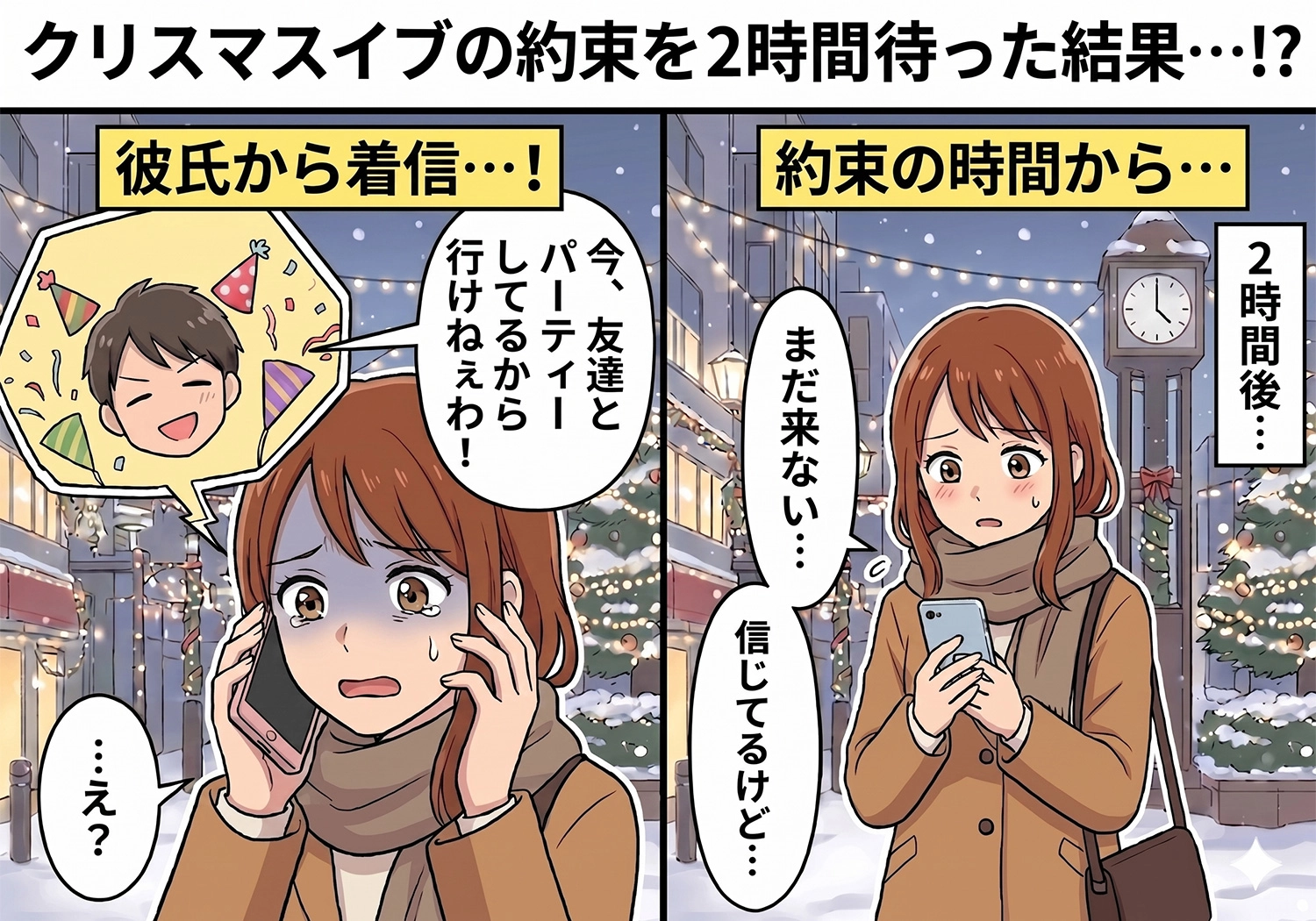 聖なる夜に最悪のドタキャン!寒空の下で泣き崩れる私に声をかけてきたのは・・・?遅刻常習犯の彼氏に下した決断と、予想外のクリスマスデートの行方のメイン画像