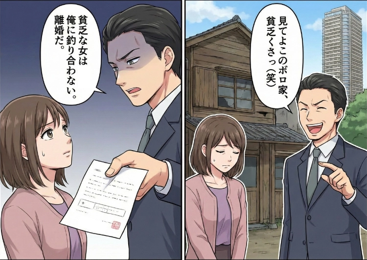 「お前の実家、ボロくてみっともないな」私の実家を見た目だけで貧乏扱いして見下す夫。詐欺師に騙された夫は、私の実家の正体を知って、藁にもすがる思いで泣きついてきたので・・・のメイン画像