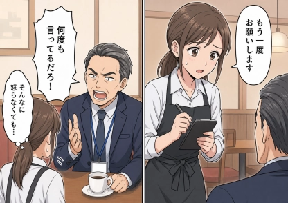 「何度も言ってるだろ！バカしかいないのか」聞き取れないほどの小声で注文し聞き返すと大声で怒鳴る男性客！何度も同じ嫌がらせで困っていると窓際の常連女性が声をかけてきて・・・