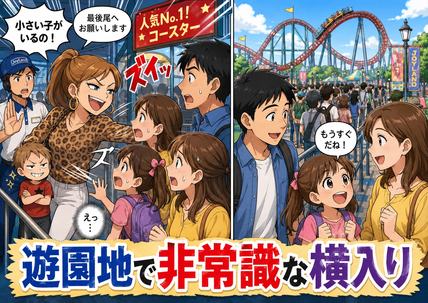 【スカッと】「うちの子優先でしょ!」遊園地の大行列で横入りしてきた非常識親子。注意してもまったく動かない2人に、思わぬ展開が待っていた!?のメイン画像