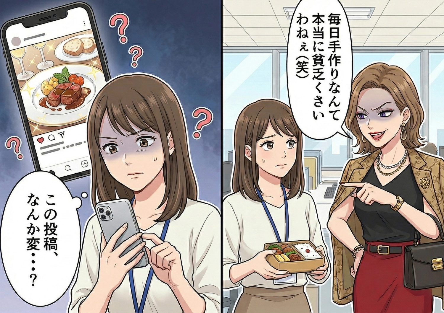「毎日手作り弁当なんて貧乏くさい」毎日のように高級ランチの写真を投稿する同僚。誰もが羨む華やかな生活かと思ったら、とある出来事でその裏側がバレて言い逃れできなくなり・・・のメイン画像