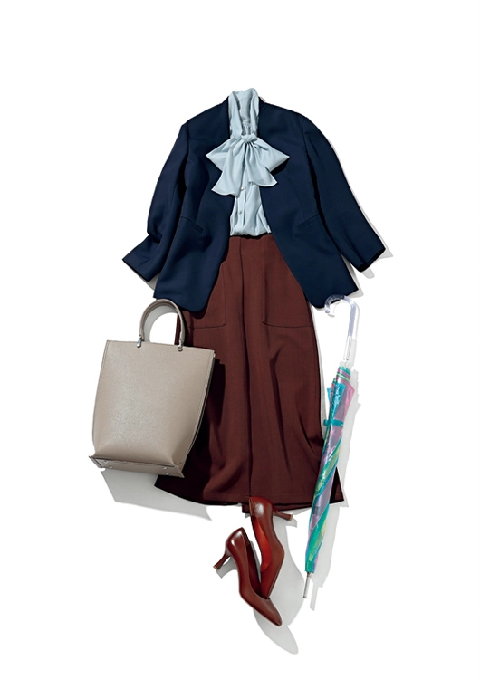 ブラウンスカート合わせたコンサバ通勤コーデ