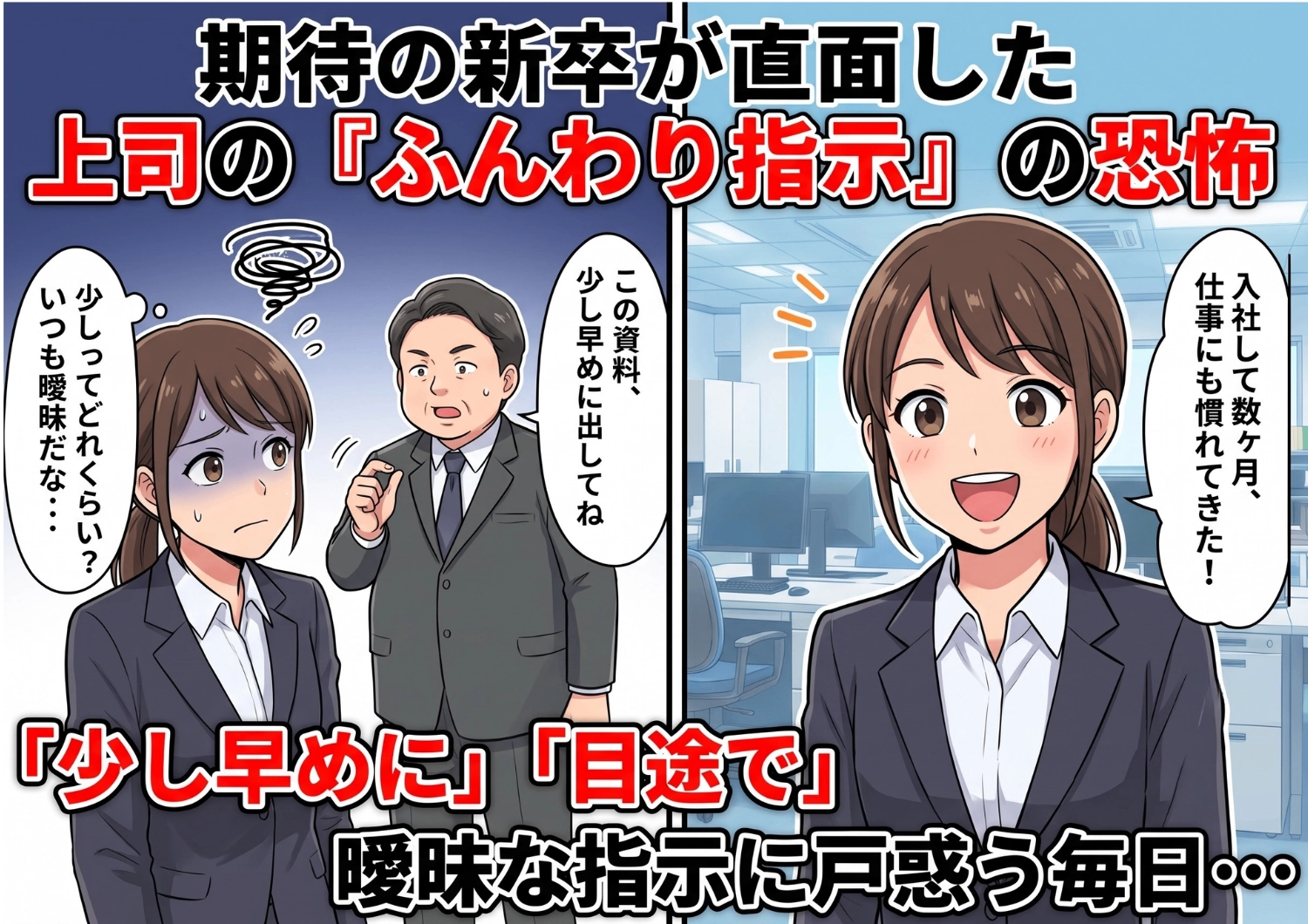 上司の「なるはやで」に大混乱！新入社員が直面したオフィスの“曖昧すぎる指示”問題と、その意外な救世主とは？のメイン画像