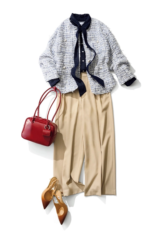 デニムボウタイ着回し　ツイードジャケット&times;パンツ