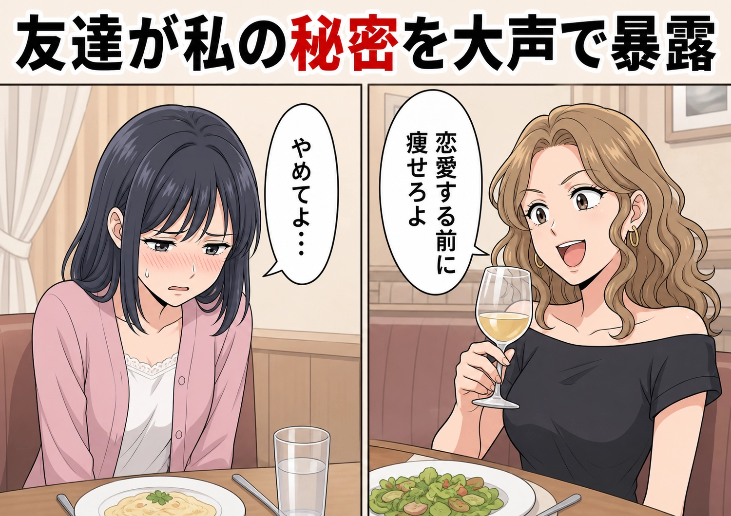 「恋愛する前に痩せろよ！デブ！」お店選びも予約もすべて私任せの女友達が、気になる彼の前で私の体重を大声でばらした！静まり返った席で、隣の彼が口を開くと・・・のメイン画像