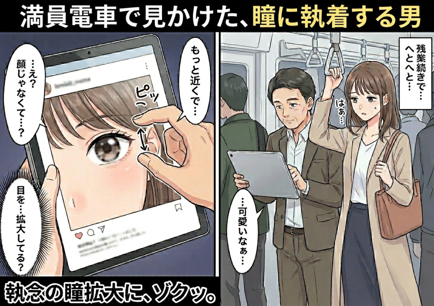満員電車で隣に立ったおじさん→タブレットでSNSの画像を異常なまでに拡大・・・何気ない日常に潜む恐怖の体験談のメイン画像