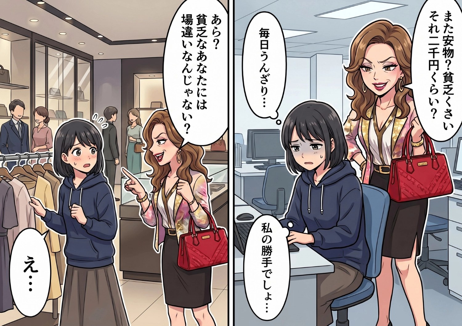毎日「安物の服ばかり着て貧乏人ね」と私をバカにする職場の先輩。ある休日、憧れの高級ブティックで遭遇したのですが、まさかの展開に・・・!?のメイン画像