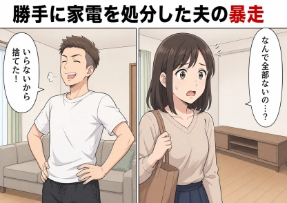 「テレビも電子レンジもいらない！全部捨てたよ」ミニマリストに目覚めて家電を勝手に処分した夫！私の服やバッグまでフリマアプリに出品→自分のスニーカーやゲーム機は手放さないのである作戦に出ると・・・