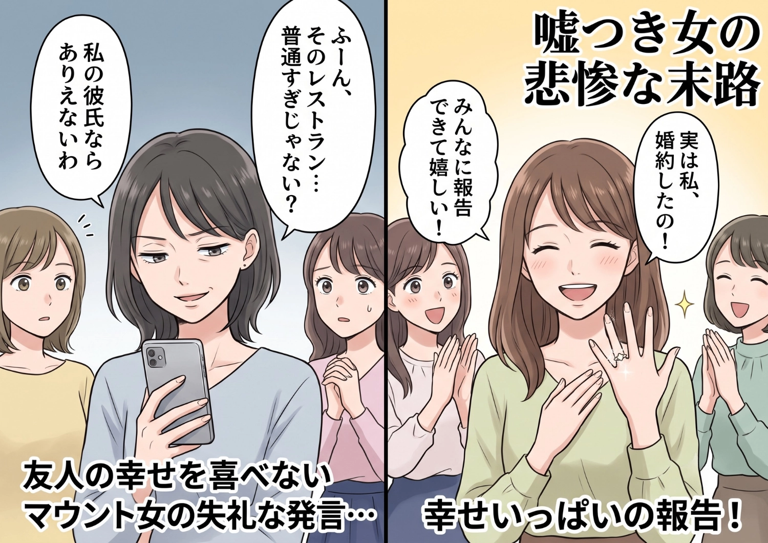 幸せな結婚報告で祝福ムードが一変!?他人の幸せを喜べないマウント女が放ったあり得ない暴言とは。楽しい同窓会が凍りついた衝撃の理由!のメイン画像