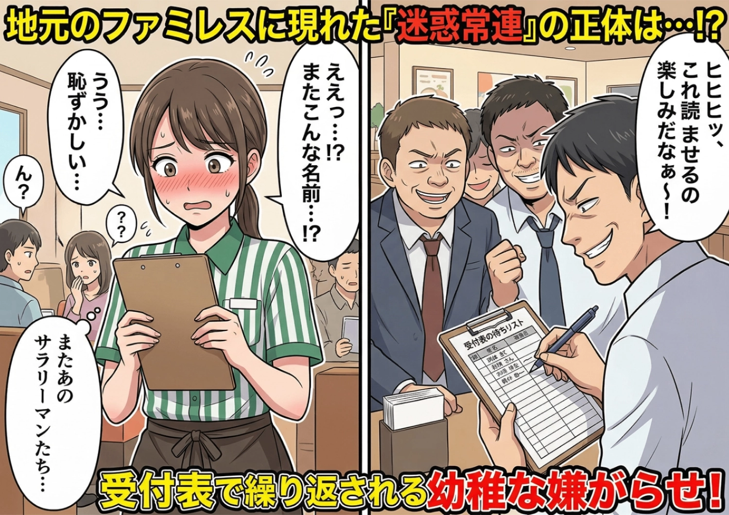 ファミレスの受付表に卑猥な言葉を書いて喜ぶ大迷惑なサラリーマン客。注意できない店員を嘲笑う彼らに待ち受けていた、誰もが青ざめる衝撃の展開とは・・・！？のメイン画像